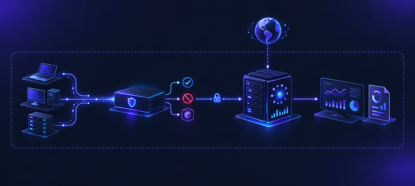 Obsolix architecture diagram: clients send queries to the on-site Edge, the Edge forwards logs to the Central over a one-way encrypted connection, and the Central outputs to SIEM and reports; every component sits inside the organization boundary