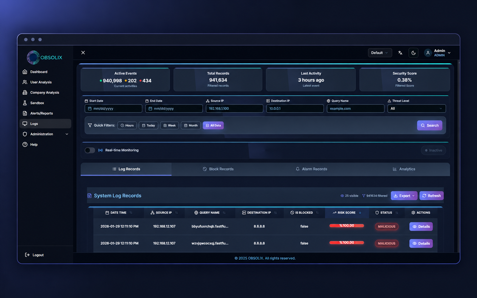 Obsolix Logs ekranı: kaynak, kullanıcı, karar ve gerekçe ile aranabilir DNS sorguları
